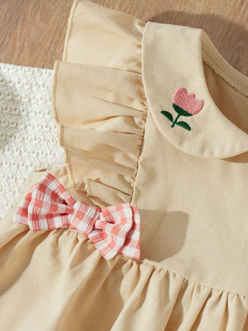 Blossori Young Girls' French Style Elegant Apricot & Pink Plaid Bowknot Decor Loose Dress, Autumn/Winter