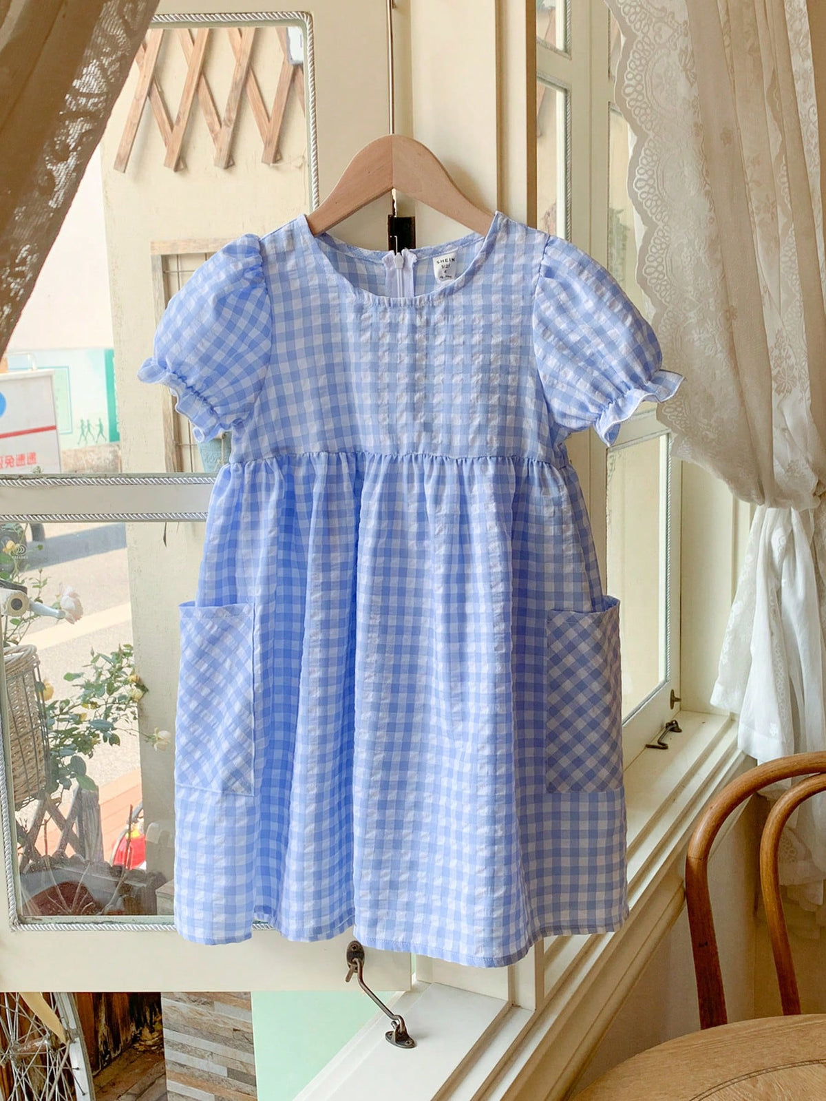 Blossori Young Girls' French Style Elegant Blue Plaid Woven Loose Dress, Spring/Summer