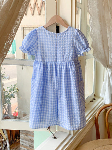 Blossori Young Girls' French Style Elegant Blue Plaid Woven Loose Dress, Spring/Summer