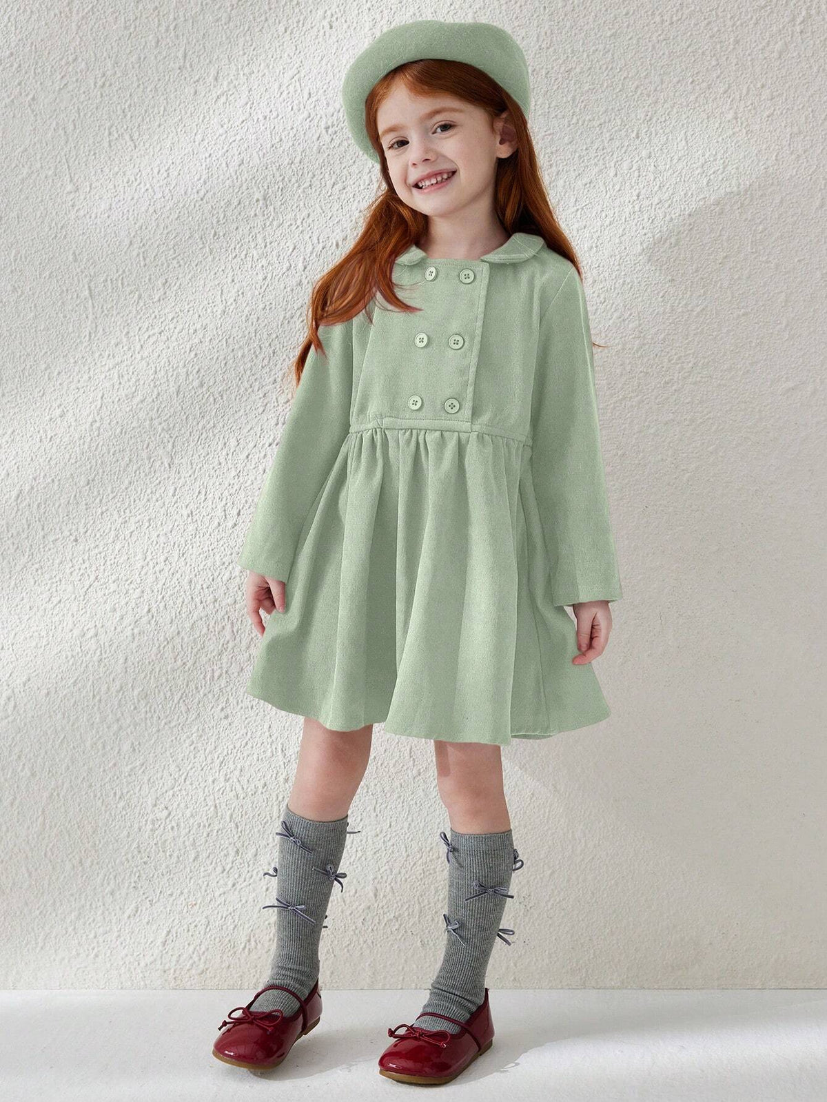 Blossori Young Girls' French Style Elegant Minimalist Double-Breasted Velvet Collar Long Sleeve Dresses