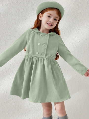 Blossori Young Girls' French Style Elegant Minimalist Double-Breasted Velvet Collar Long Sleeve Dresses