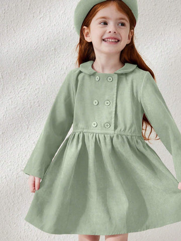 Blossori Young Girls' French Style Elegant Minimalist Double-Breasted Velvet Collar Long Sleeve Dresses
