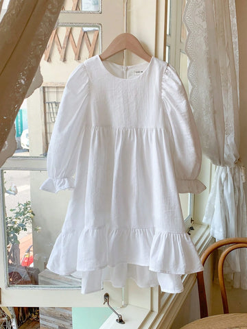 Blossori Young Girls' French Style Elegant White Woven Loose Front Short Back Long Dress, Spring/Summer