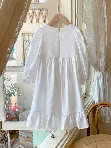 Blossori Young Girls' French Style Elegant White Woven Loose Front Short Back Long Dress, Spring/Summer