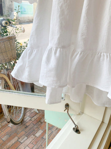 Blossori Young Girls' French Style Elegant White Woven Loose Front Short Back Long Dress, Spring/Summer