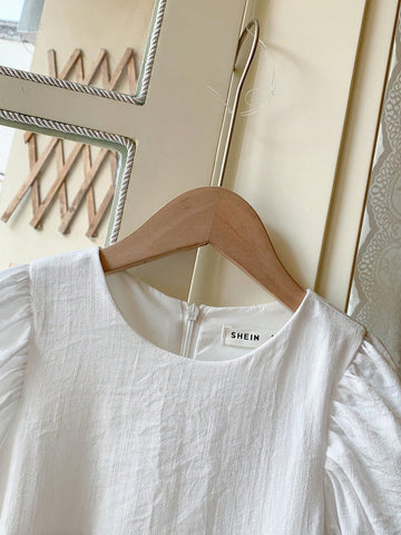 Blossori Young Girls' French Style Elegant White Woven Loose Front Short Back Long Dress, Spring/Summer