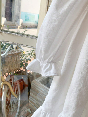 Blossori Young Girls' French Style Elegant White Woven Loose Front Short Back Long Dress, Spring/Summer