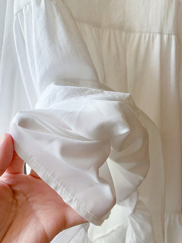 Blossori Young Girls' French Style Elegant White Woven Loose Front Short Back Long Dress, Spring/Summer