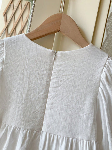 Blossori Young Girls' French Style Elegant White Woven Loose Front Short Back Long Dress, Spring/Summer