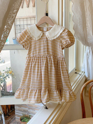 Blossori Young Girls' Khaki Plaid Loose Casual Dress With Wide Lapel, Elegant French Style For Spring/Summer
