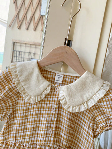 Blossori Young Girls' Khaki Plaid Loose Casual Dress With Wide Lapel, Elegant French Style For Spring/Summer
