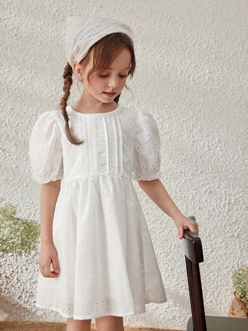 Young Girls Linen Puff Sleeve Vacation Dress