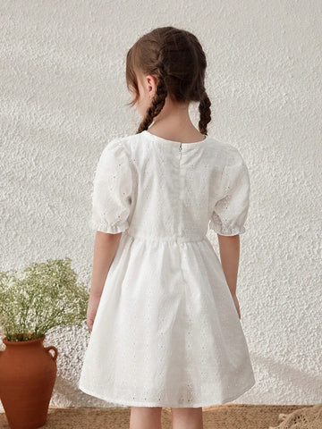 Young Girls Linen Puff Sleeve Vacation Dress