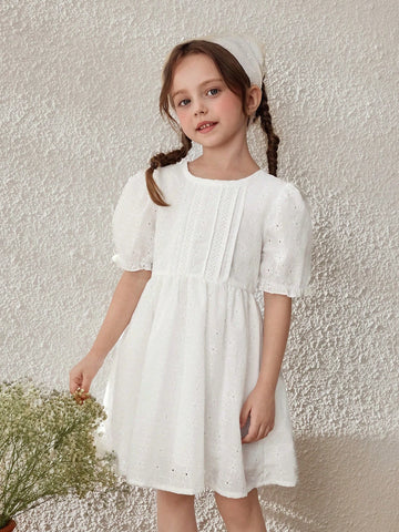 Young Girls Linen Puff Sleeve Vacation Dress