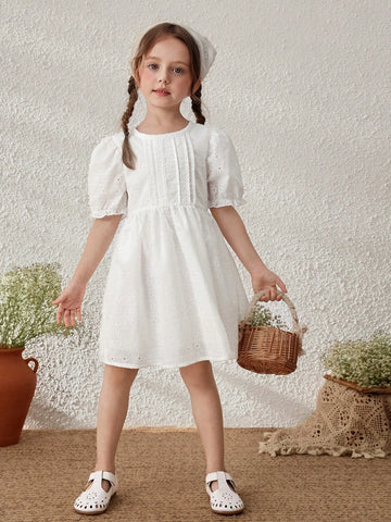 Young Girls Linen Puff Sleeve Vacation Dress