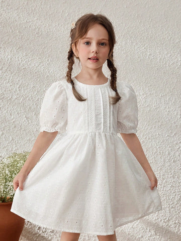 Young Girls Linen Puff Sleeve Vacation Dress