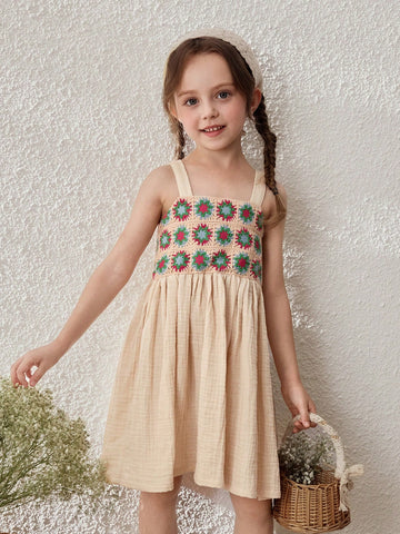 Young Girls Linen Ruffled Trim Strap Sundress
