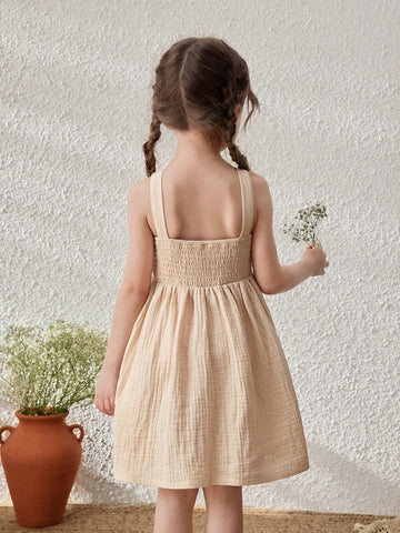 Young Girls Linen Ruffled Trim Strap Sundress