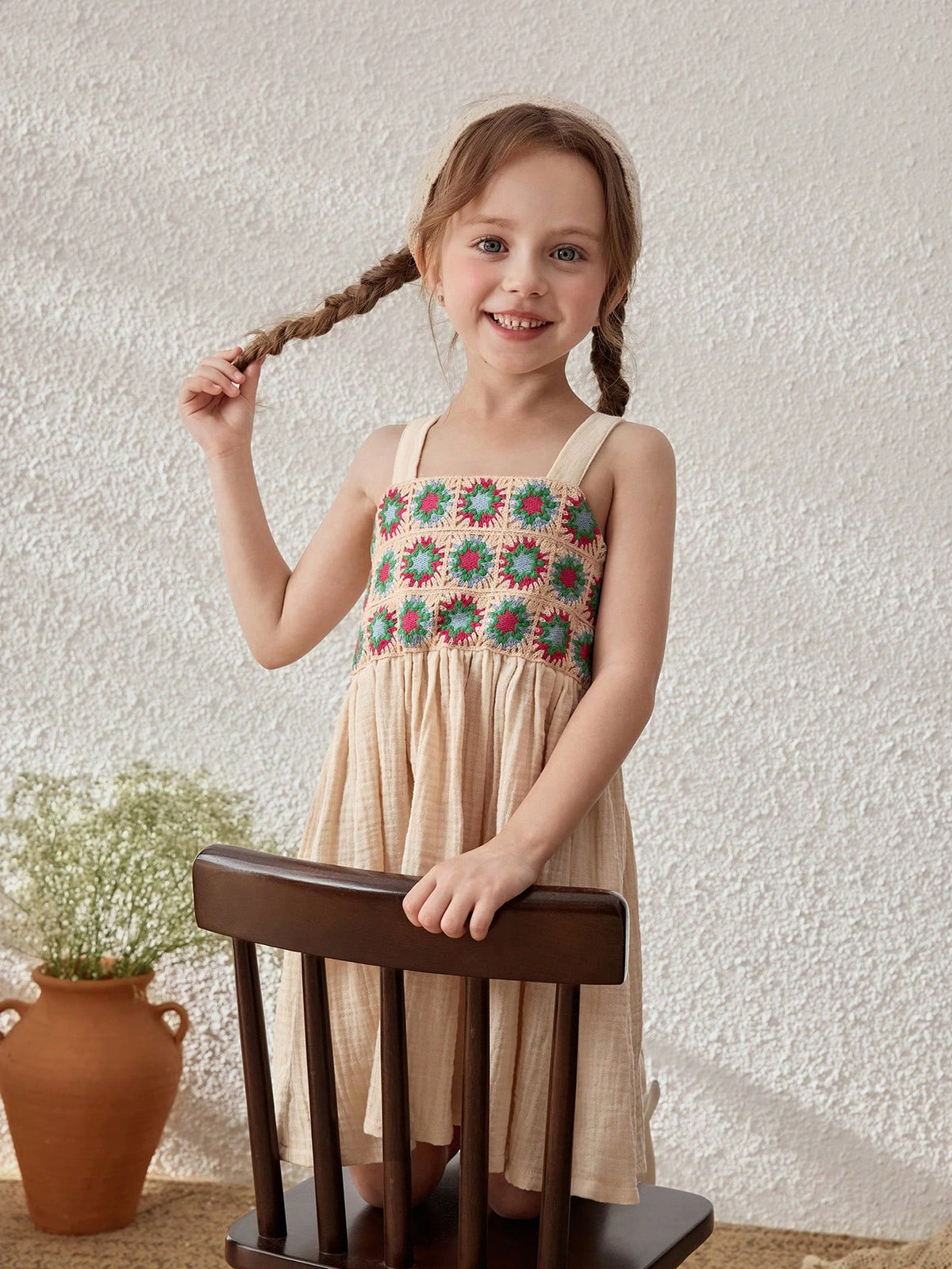 Young Girls Linen Ruffled Trim Strap Sundress