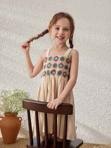 Young Girls Linen Ruffled Trim Strap Sundress