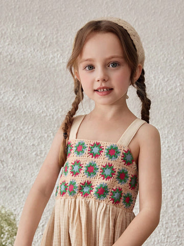 Young Girls Linen Ruffled Trim Strap Sundress