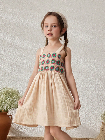 Young Girls Linen Ruffled Trim Strap Sundress