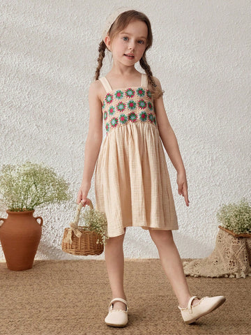 Young Girls Linen Ruffled Trim Strap Sundress