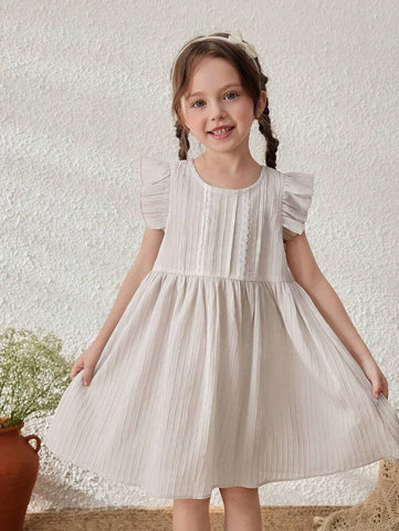 Young Girls Linen Striped Ruffle Sleeve Summer Vacation Dress