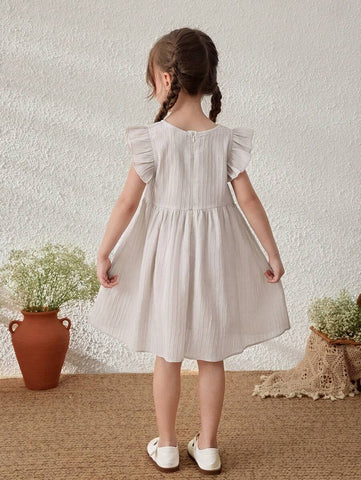 Young Girls Linen Striped Ruffle Sleeve Summer Vacation Dress