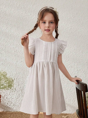 Young Girls Linen Striped Ruffle Sleeve Summer Vacation Dress