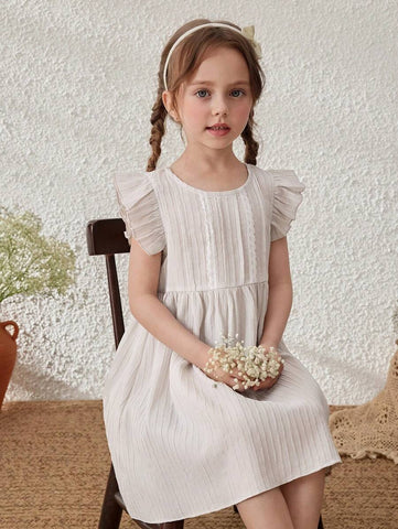 Young Girls Linen Striped Ruffle Sleeve Summer Vacation Dress
