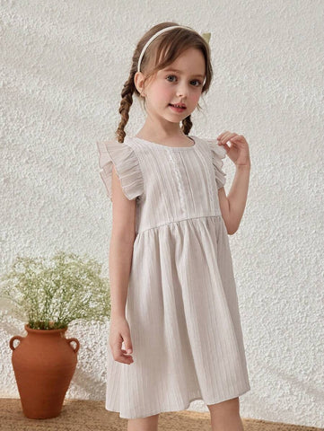 Young Girls Linen Striped Ruffle Sleeve Summer Vacation Dress