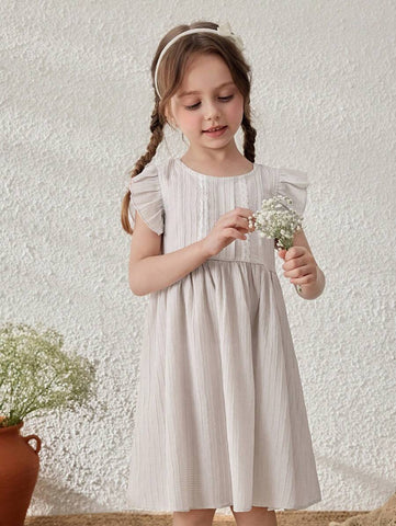 Young Girls Linen Striped Ruffle Sleeve Summer Vacation Dress