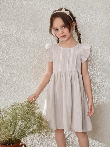 Young Girls Linen Striped Ruffle Sleeve Summer Vacation Dress