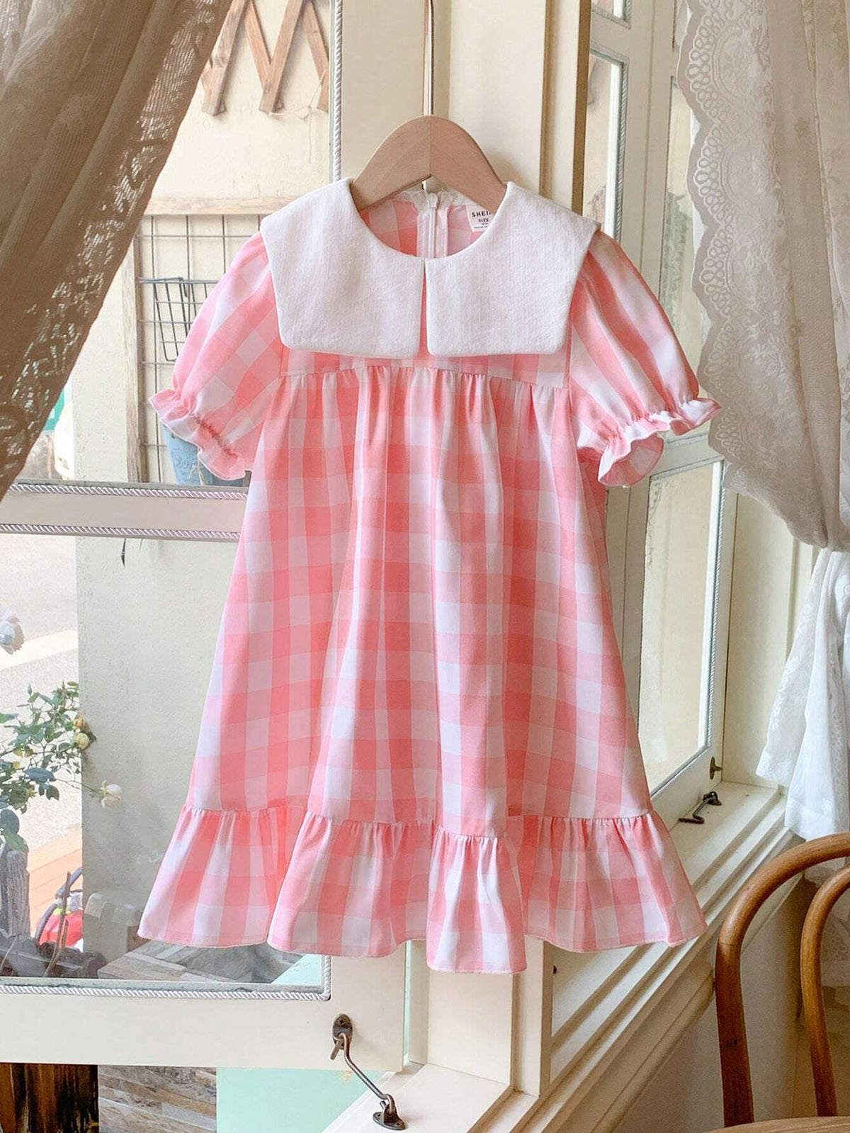 Blossori Young Girls Loose Fit Pink Woven Dress With Lapel, Elegant French Style, Spring/Summer