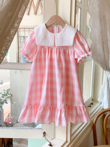 Blossori Young Girls Loose Fit Pink Woven Dress With Lapel, Elegant French Style, Spring/Summer