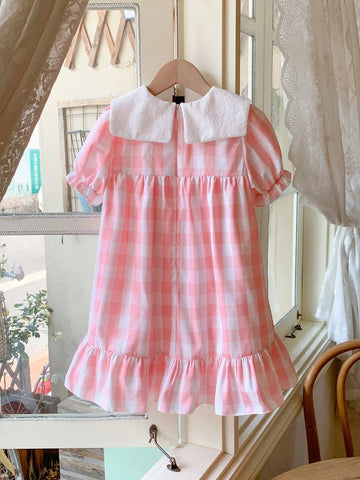 Blossori Young Girls Loose Fit Pink Woven Dress With Lapel, Elegant French Style, Spring/Summer