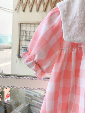 Blossori Young Girls Loose Fit Pink Woven Dress With Lapel, Elegant French Style, Spring/Summer