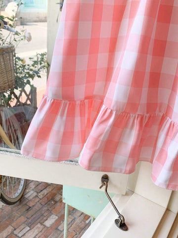 Blossori Young Girls Loose Fit Pink Woven Dress With Lapel, Elegant French Style, Spring/Summer