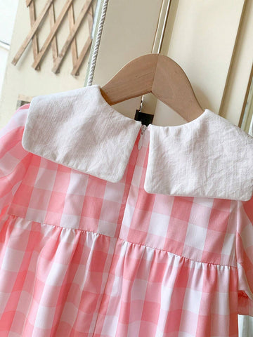Blossori Young Girls Loose Fit Pink Woven Dress With Lapel, Elegant French Style, Spring/Summer