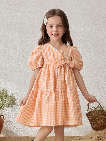 Young Girls Pastoral Resort Style Plaid Puff Sleeve Chiffon Dress, Light Orange