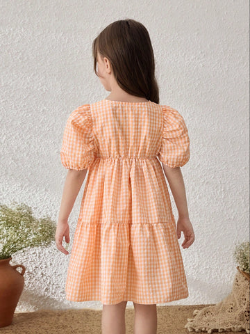 Young Girls Pastoral Resort Style Plaid Puff Sleeve Chiffon Dress, Light Orange
