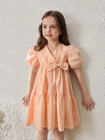 Young Girls Pastoral Resort Style Plaid Puff Sleeve Chiffon Dress, Light Orange