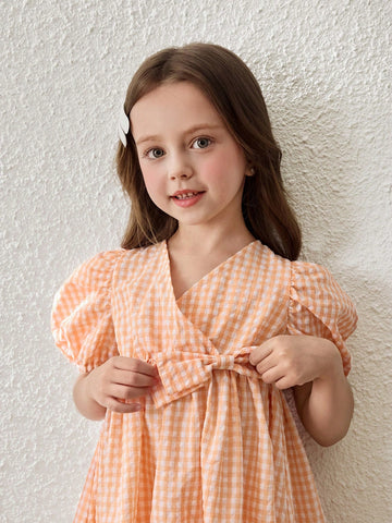 Young Girls Pastoral Resort Style Plaid Puff Sleeve Chiffon Dress, Light Orange