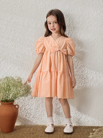 Young Girls Pastoral Resort Style Plaid Puff Sleeve Chiffon Dress, Light Orange
