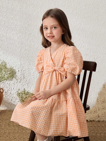 Young Girls Pastoral Resort Style Plaid Puff Sleeve Chiffon Dress, Light Orange