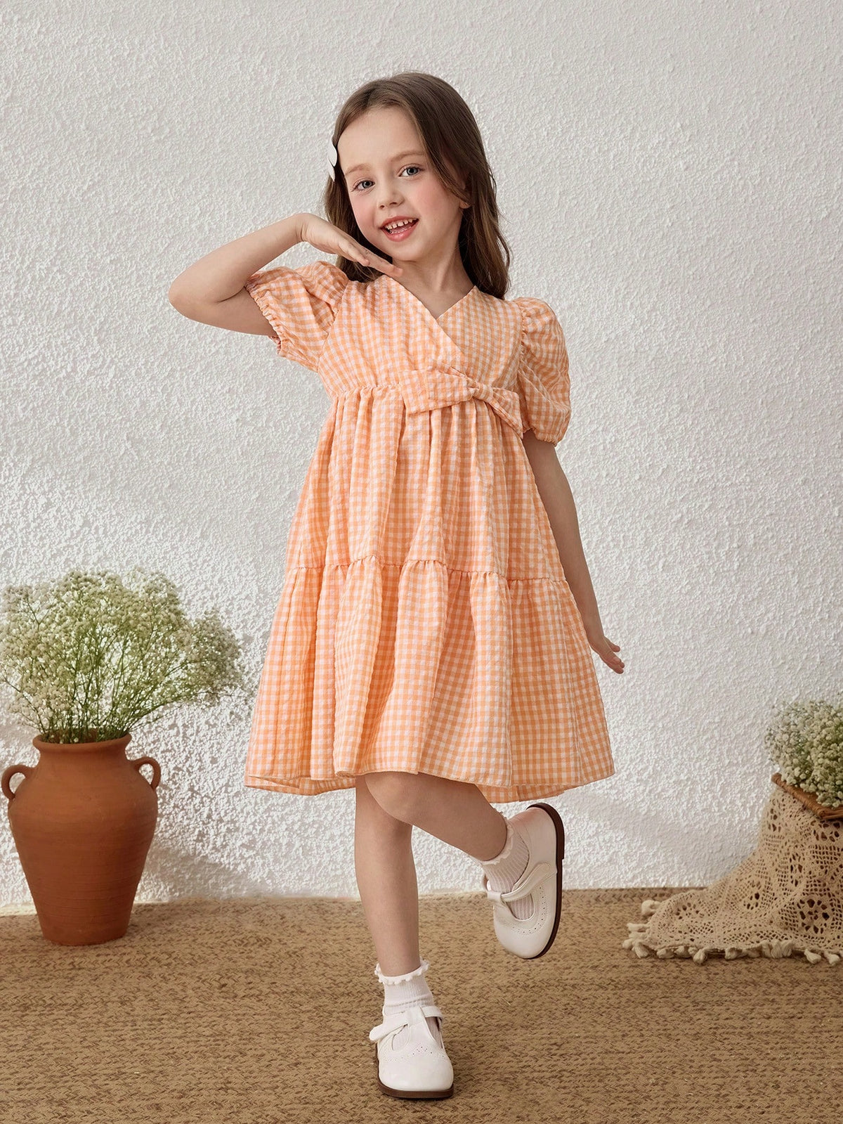 Young Girls Pastoral Resort Style Plaid Puff Sleeve Chiffon Dress, Light Orange