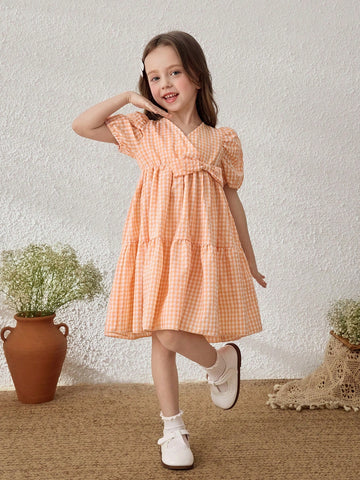Young Girls Pastoral Resort Style Plaid Puff Sleeve Chiffon Dress, Light Orange