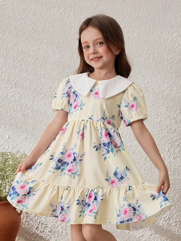 Young Girls' Pastoral Vacation Purple Floral Colorblock Collared Dress