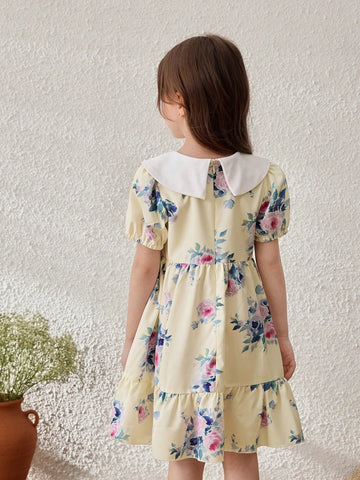 Young Girls' Pastoral Vacation Purple Floral Colorblock Collared Dress